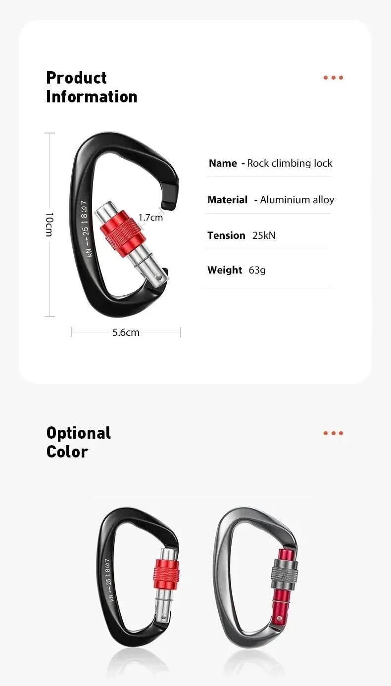 Heavy Duty 25kN Rock Climbing Carabiner | D-Shape Aluminum Locking Carabiner Clip with Safety Screw Lock & Spring-Loaded Gate for Outdoor Mountaineering, Rappelling, Hiking, Rescue, and Gear Kits
