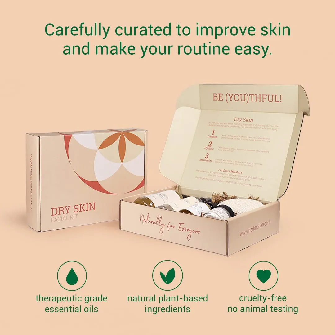 Herb’N Eden - Dry Skin Facial Kit - Cleanse, Mist, Moisturize, & Nourish - Natural Ingredients & Essential Oils - Made in USA - 5 Product Set includes Wash, Mist, Serum, Body Butter, Sisal