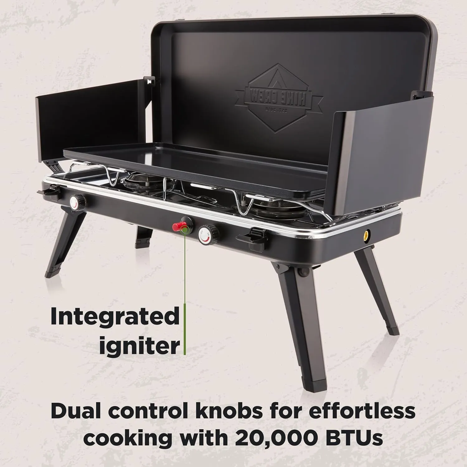 Hike Crew 2-in-1 Gas Camping Stove and Griddle | 20,000 BTU 2 Burner Propane Portable Stovetop w/Griddle Plate | Foldable Legs | Integrated Igniter w/Regulator | Wind Panels & Built-in Carry Handle