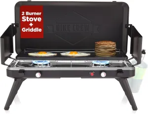 Hike Crew 2-in-1 Gas Camping Stove and Griddle | 20,000 BTU 2 Burner Propane Portable Stovetop w/Griddle Plate | Foldable Legs | Integrated Igniter w/Regulator | Wind Panels & Built-in Carry Handle