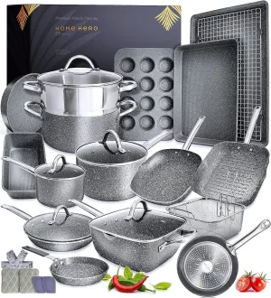 Home Hero Pots and Pans Set Non Stick - Induction Compatible Kitchen Cookware Sets   Bakeware Sets - Non Stick, PFOA Free, Oven Safe Pot and Pan Set Nonstick (23 Pcs - Granite)