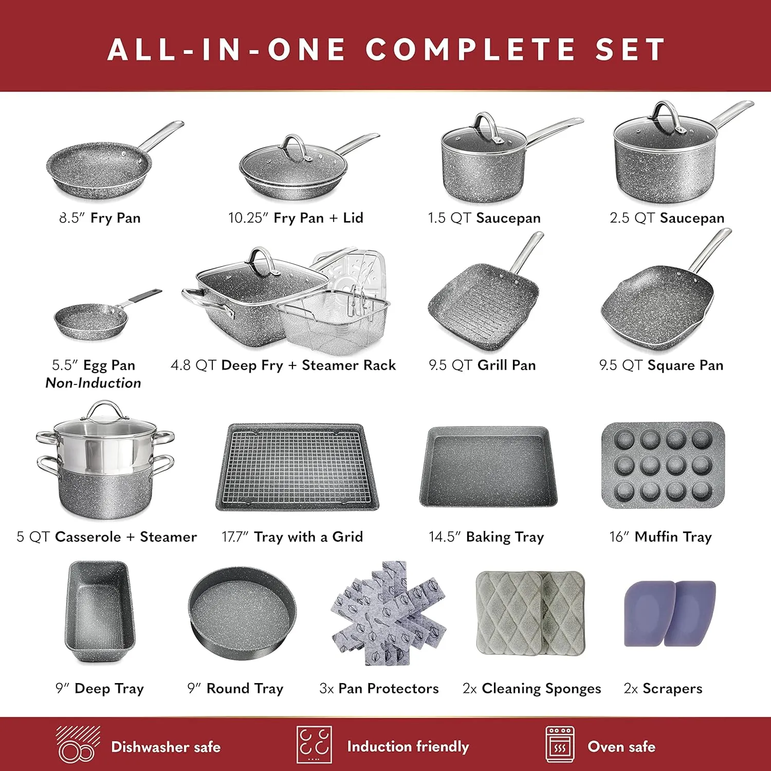 Home Hero Pots and Pans Set Non Stick - Induction Compatible Kitchen Cookware Sets   Bakeware Sets - Non Stick, PFOA Free, Oven Safe Pot and Pan Set Nonstick (23 Pcs - Granite)