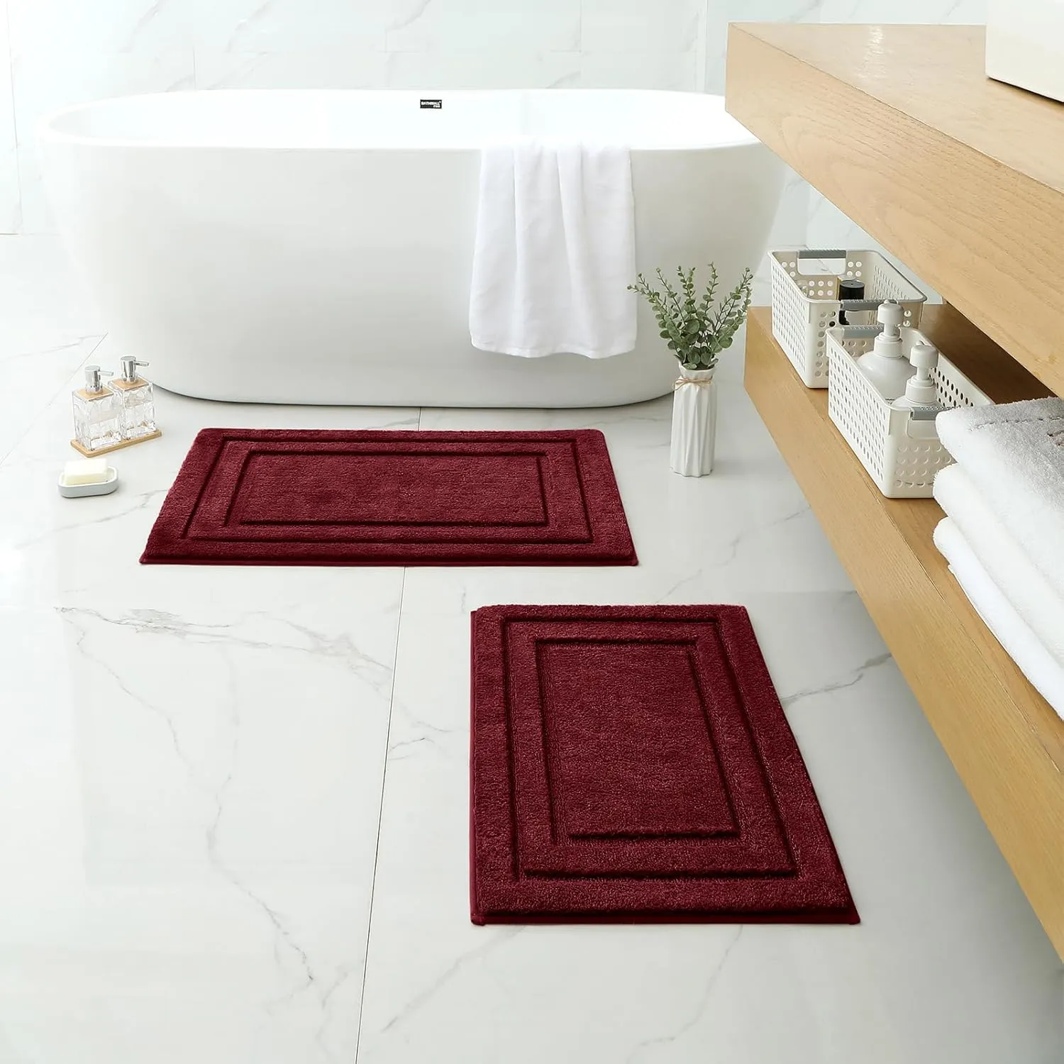 HOMEIDEAS Bathroom Rugs Sets 2 Piece, Super Soft and Absorbent Non Slip Microfiber Machine Washable Bath Mat Set (20" x 32"   16" x 24", Burgundy Red)