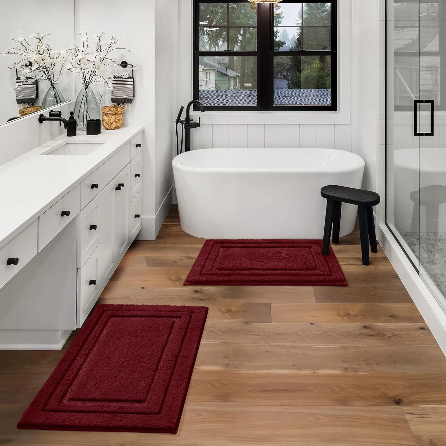 HOMEIDEAS Bathroom Rugs Sets 2 Piece, Super Soft and Absorbent Non Slip Microfiber Machine Washable Bath Mat Set (20" x 32"   16" x 24", Burgundy Red)