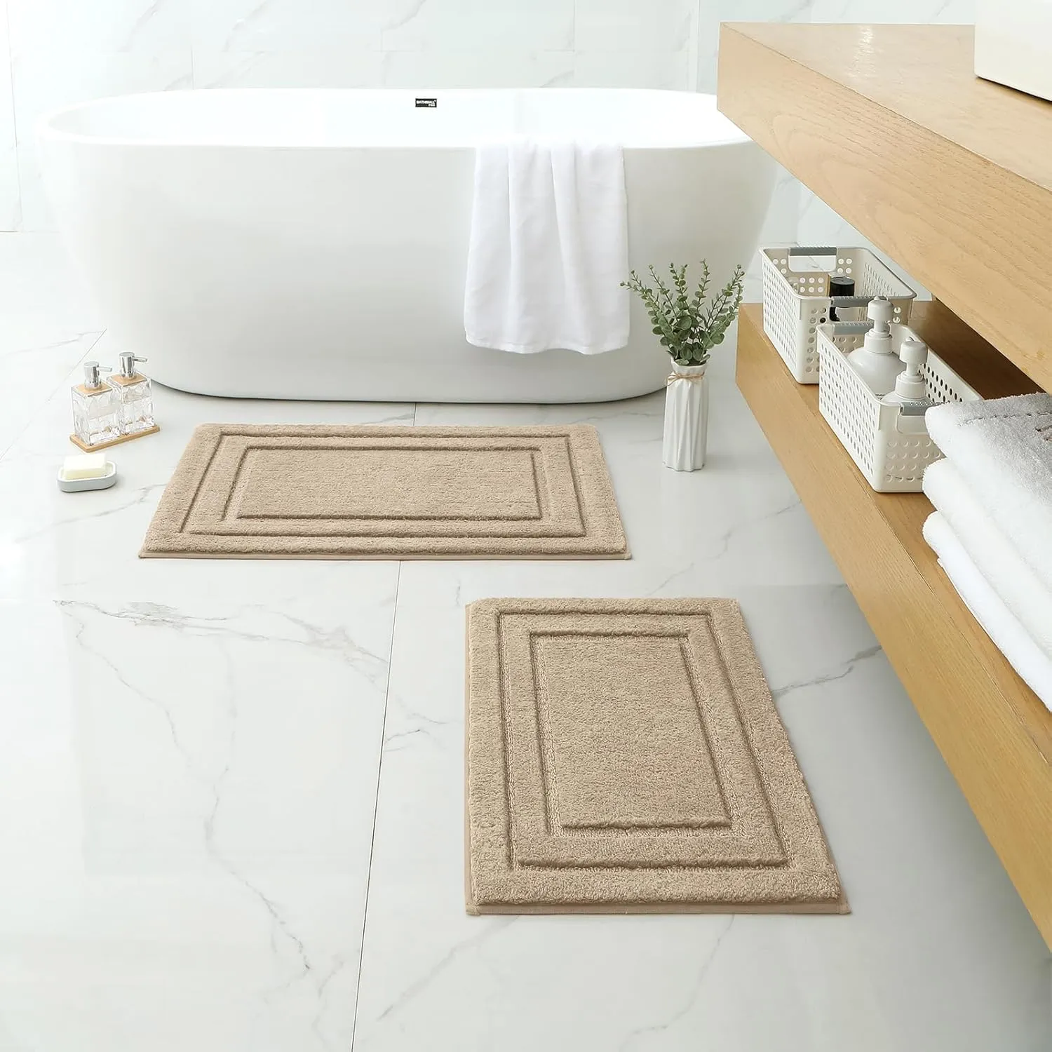 HOMEIDEAS Bathroom Rugs Sets 2 Piece, Super Soft and Absorbent Non Slip Microfiber Machine Washable Bath Mat Set (20" x 32"   16" x 24", Khaki)