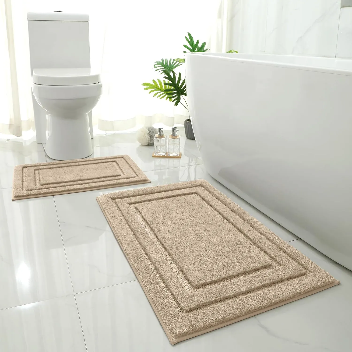HOMEIDEAS Bathroom Rugs Sets 2 Piece, Super Soft and Absorbent Non Slip Microfiber Machine Washable Bath Mat Set (20" x 32"   16" x 24", Khaki)