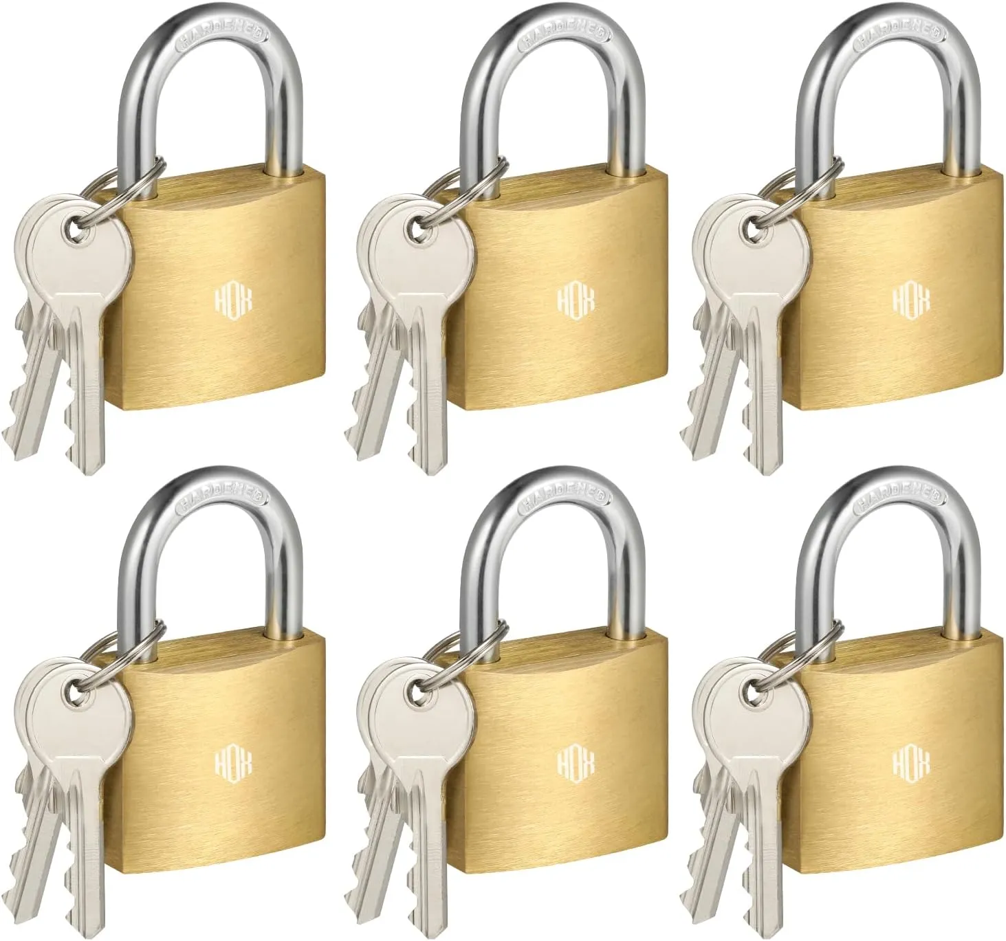 HOX 6-Pack Keyed Padlock, Waterproof and Rustproof, Solid Brass Lock with 1-1/4" Wide Body, Padlock with Keys for Storage Unit, Sheds, Garages and Fence