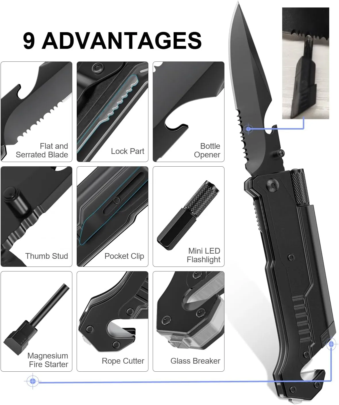 Hunting Knife Survival Gear with Built-in fixed lock, Multi Tool with Case and Fire Starter for Camping Hiking Hunting Fishing Outdoor