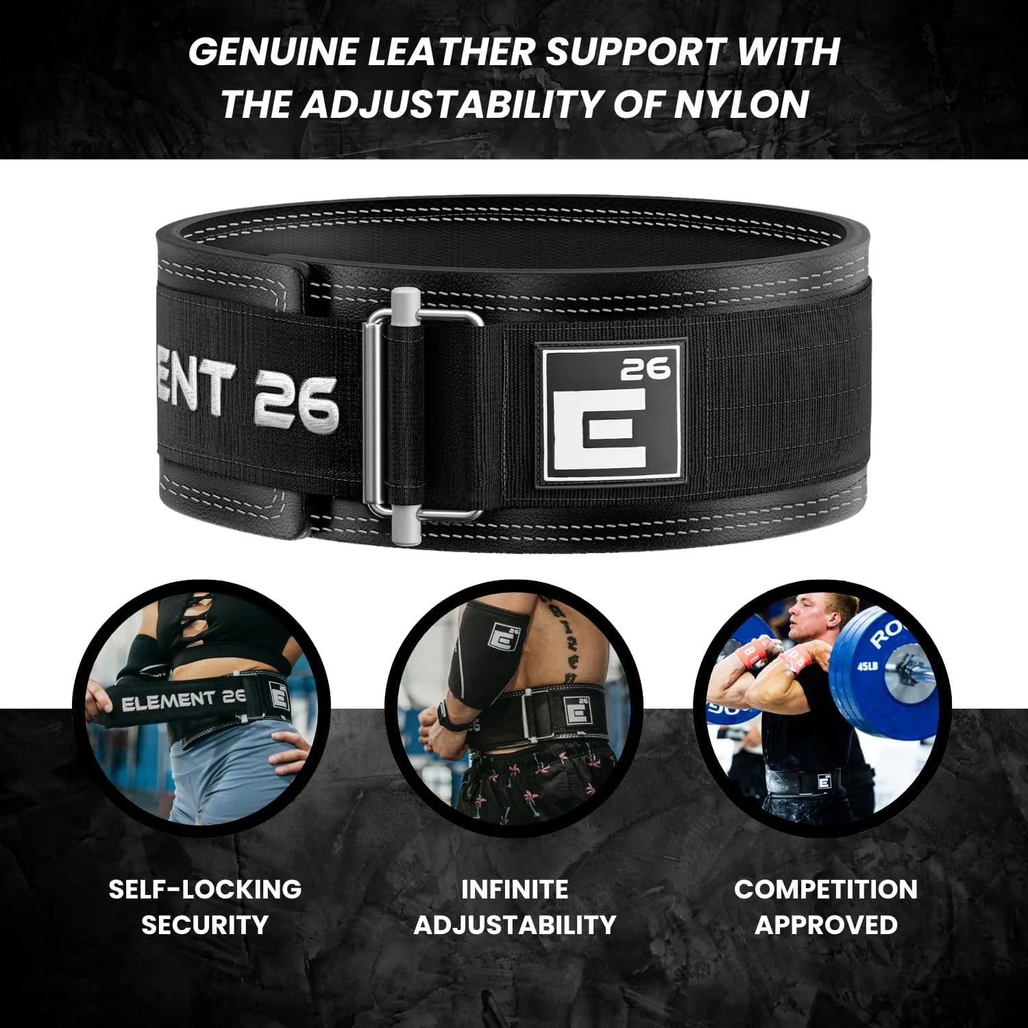Hybrid Leather Weightlifting Belt for Men & Women - Self locking Adjustable Leather Lifting Belt for Powerlifting, Olympic lifting & Functional Fitness - Weight Belt, Squat Belt, Back Support - Patented