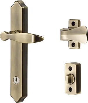 Ideal Security 1216 Surface Mount Storm Door Handle with Lock and Key for 1 – 1 ½ inches Thick Doors (Antique Brass, 4-Posts)