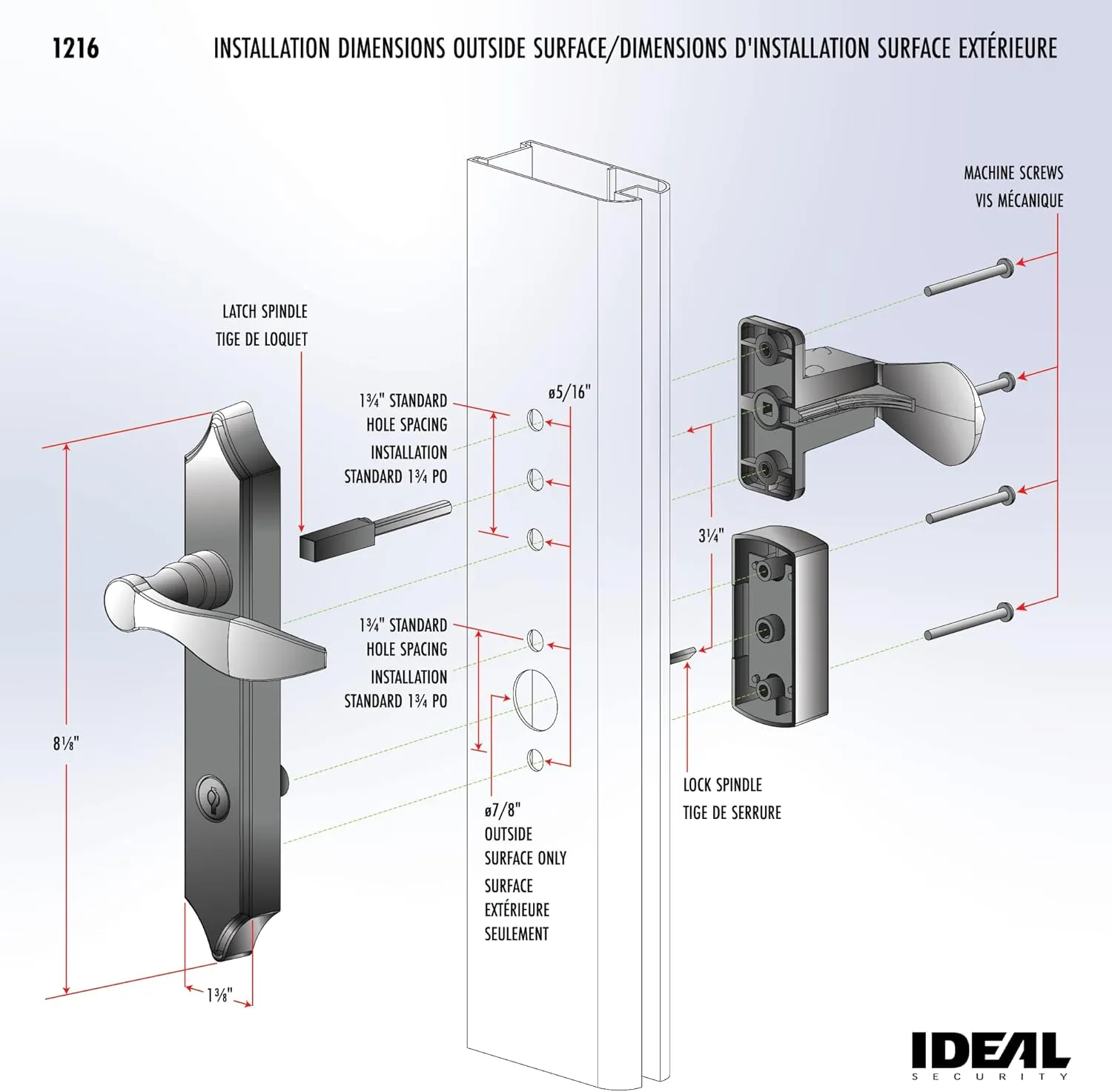 Ideal Security 1216 Surface Mount Storm Door Handle with Lock and Key for 1 – 1 ½ inches Thick Doors (Satin Silver, 4-Posts)