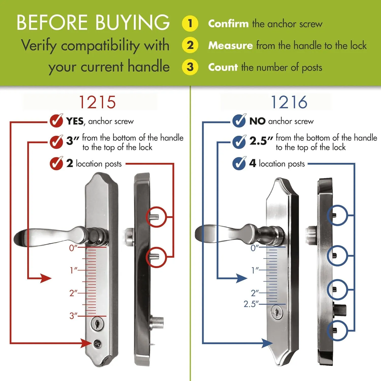 Ideal Security 1216 Surface Mount Storm Door Handle with Lock and Key for 1 – 1 ½ inches Thick Doors (Satin Silver, 4-Posts)
