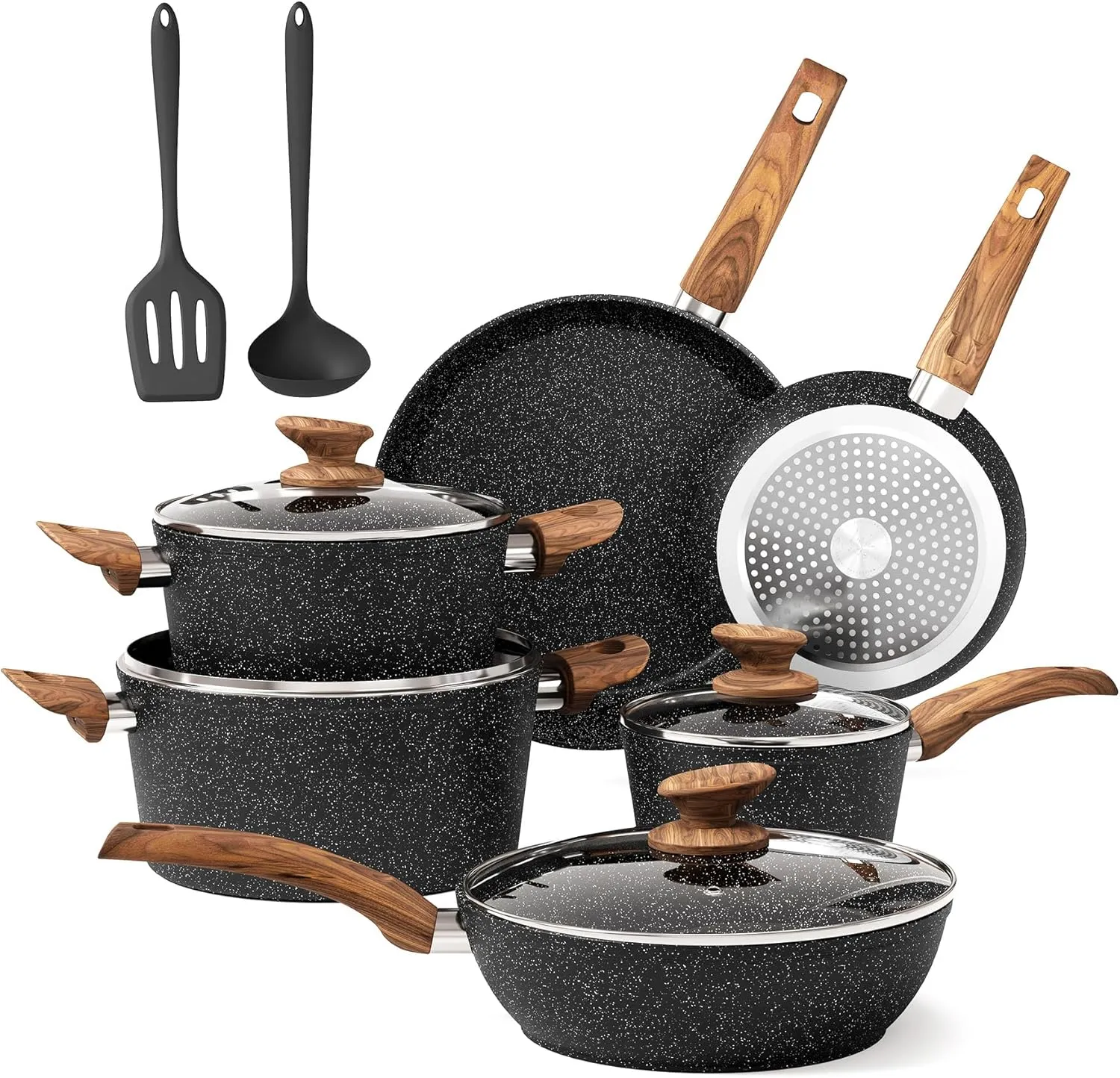 Induction Pots and Pans Set Non Stick, 12 Piece Nonstick Kitchen Cookware Sets, Nonstick Granite Cooking Set Induction Pots and Pans, Induction Cookware Sets with Frying Pans, Black