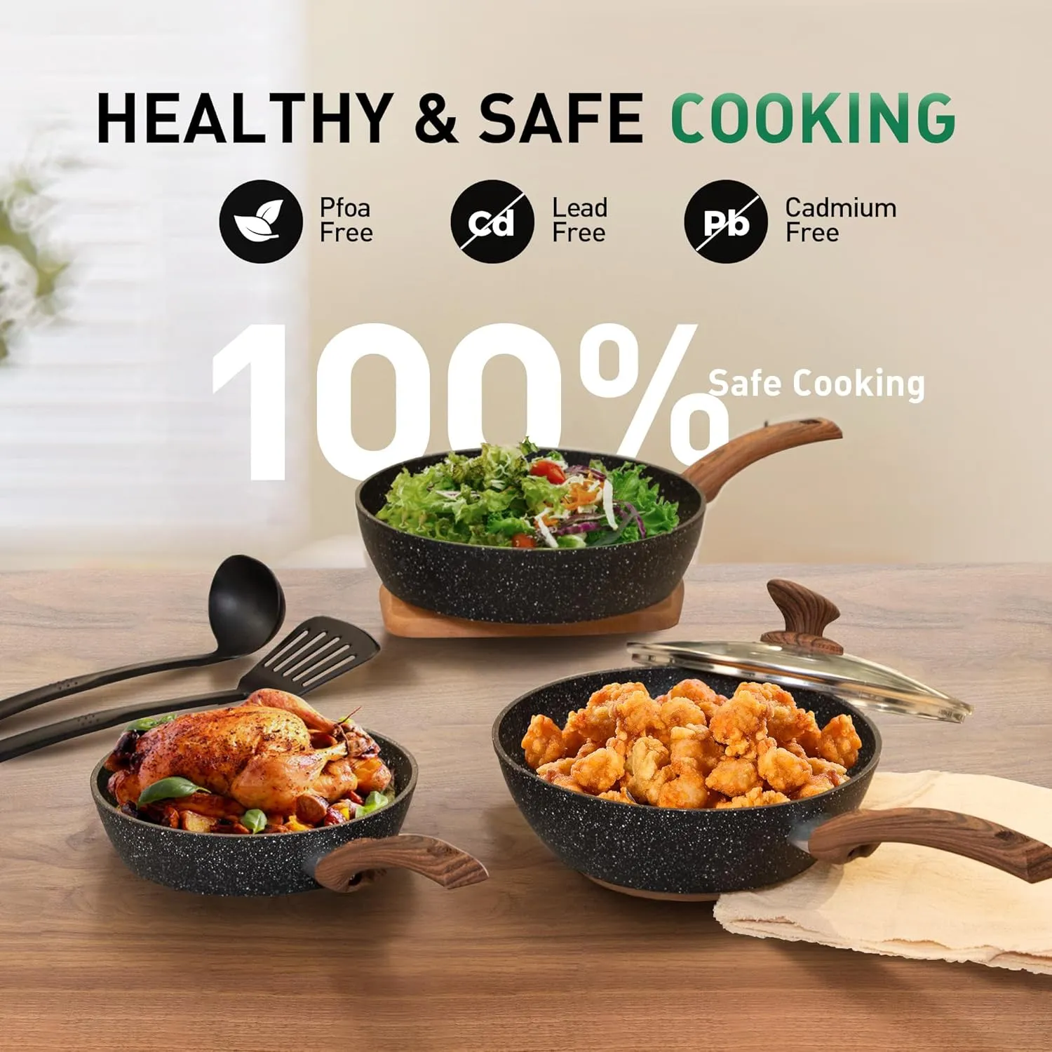 Induction Pots and Pans Set Non Stick, 12 Piece Nonstick Kitchen Cookware Sets, Nonstick Granite Cooking Set Induction Pots and Pans, Induction Cookware Sets with Frying Pans, Black