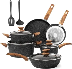Induction Pots and Pans Set Non Stick, 12 Piece Nonstick Kitchen Cookware Sets, Nonstick Granite Cooking Set Induction Pots and Pans, Induction Cookware Sets with Frying Pans, Black