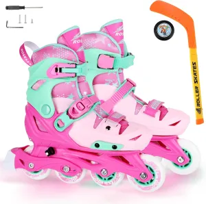 Inline Skates with Hockey Sticks and Balls Set, Size Adjustable Inline Skates for Kids, Teens