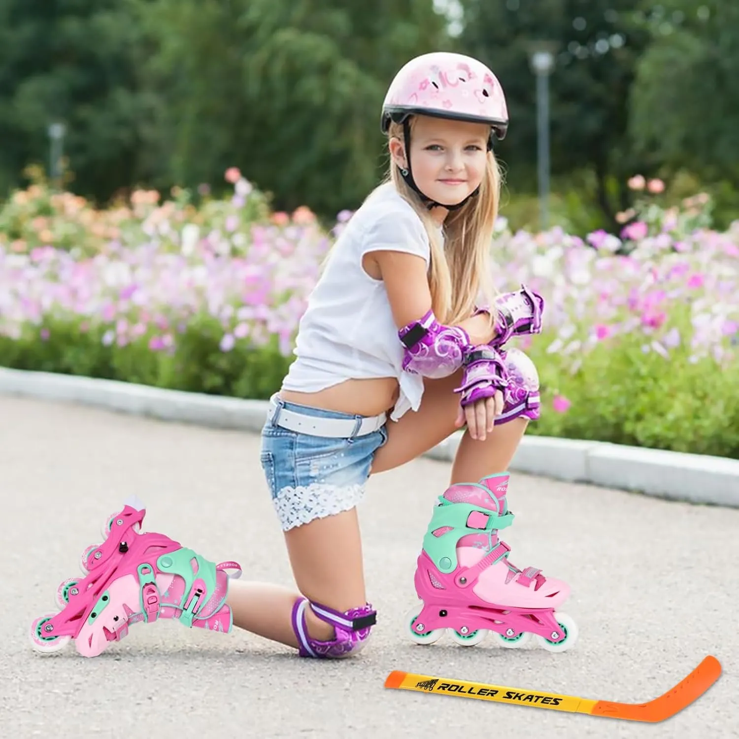 Inline Skates with Hockey Sticks and Balls Set, Size Adjustable Inline Skates for Kids, Teens