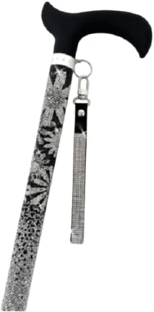 Jacqueline Kent JKC127.BK Aluminum Crystal Embellished Sugar Cane with Black Handle and Coordinating Wrist Band, Adjustable 23.5 Inches to 40.25 Inches, Flower Power Black