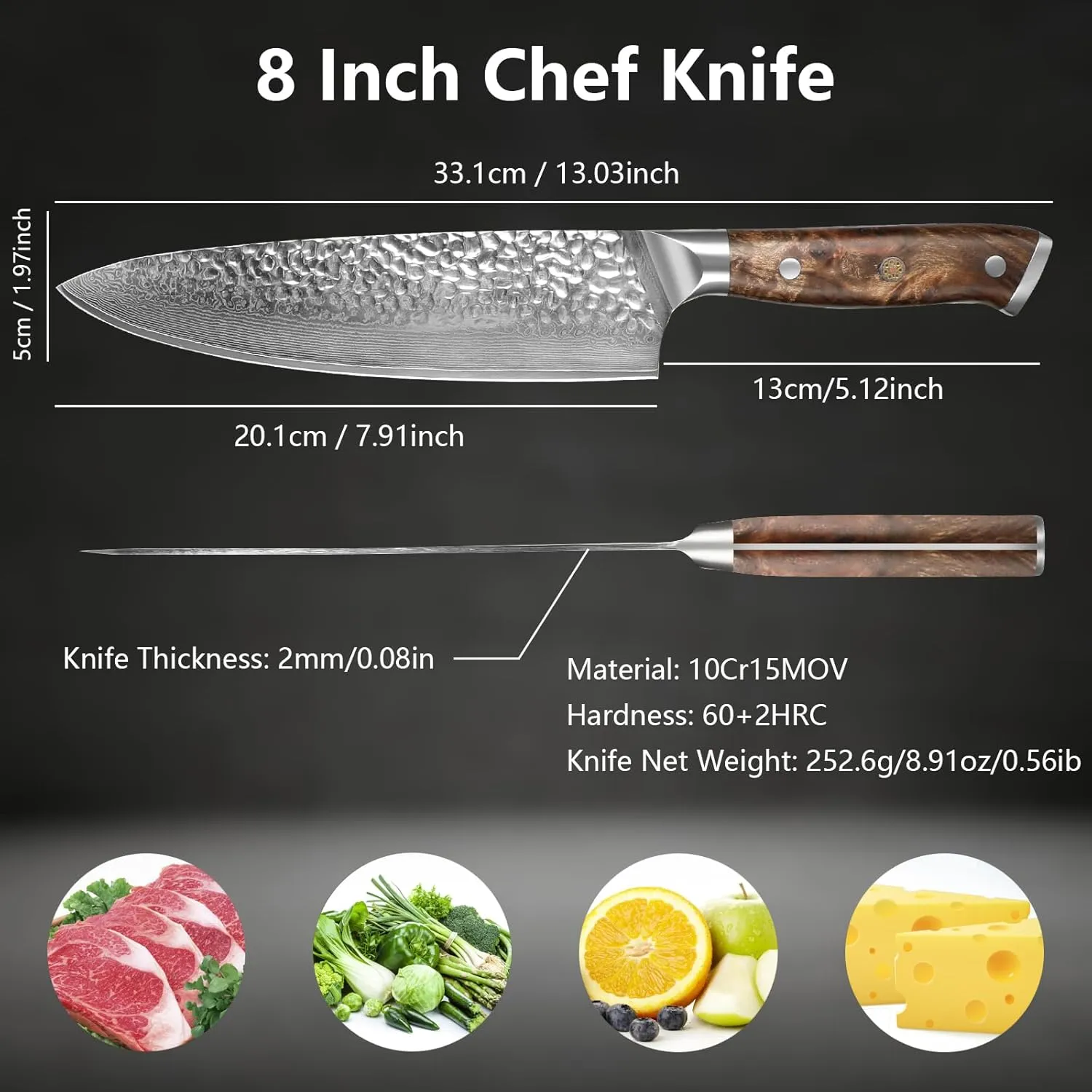 Japanese Chef Knife, 10Cr15MOV Damascus Steel, 8 Inch Ultra Sharp Professional Kitchen Slicing Knife with G10 Handle & Sheath (8 Inch Chef Knife)