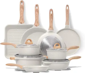 JEETEE 23pcs Pots and Pans Set Nonstick, White Granite Coating Cookware Sets for Kitchen, w/Frying Pan, Saucepan, Sauté Pan, Griddle Pan, Crepe Pan, Induction Cooking Pots, PFOA Free