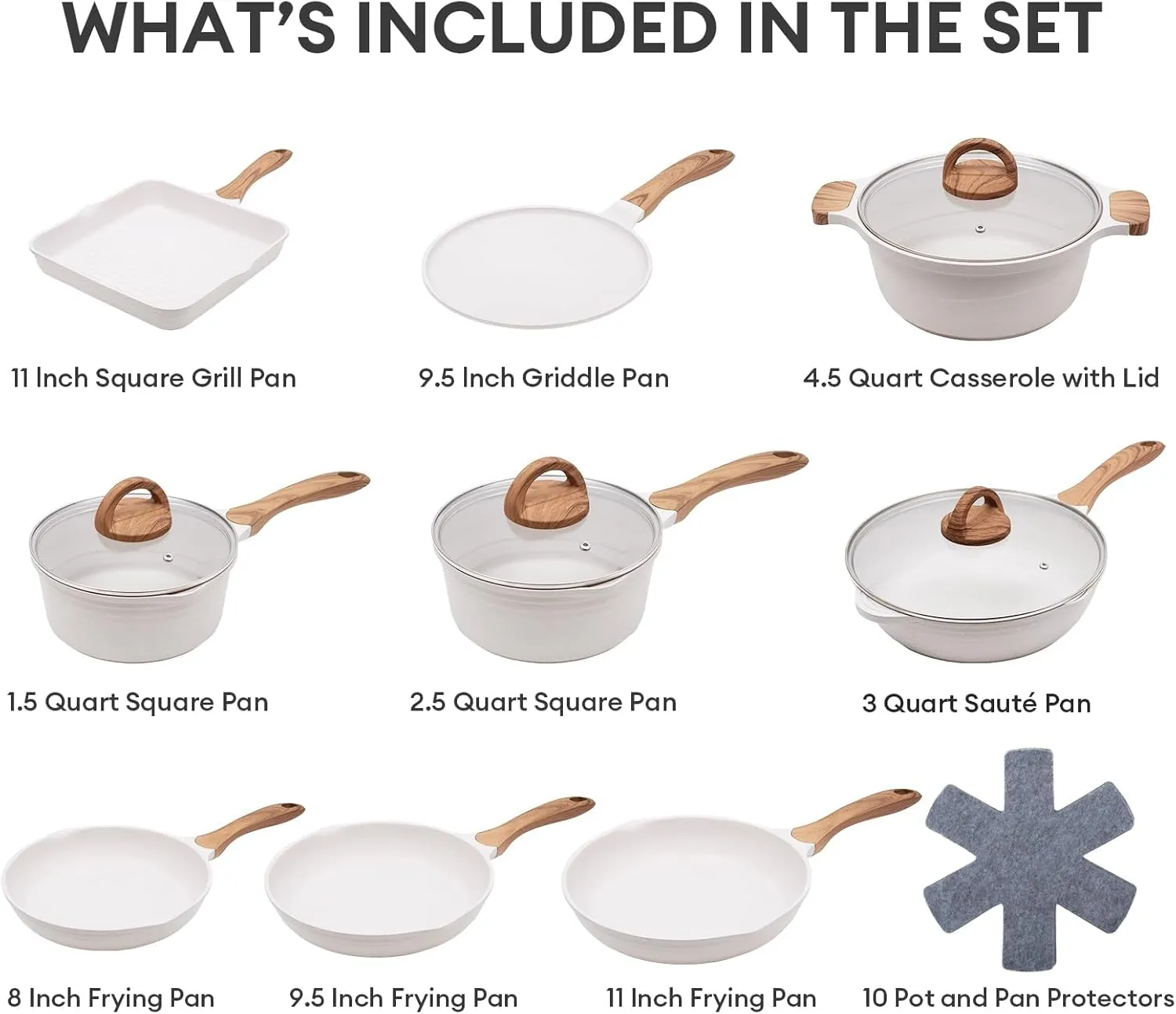 JEETEE 23pcs Pots and Pans Set Nonstick, White Granite Coating Cookware Sets for Kitchen, w/Frying Pan, Saucepan, Sauté Pan, Griddle Pan, Crepe Pan, Induction Cooking Pots, PFOA Free