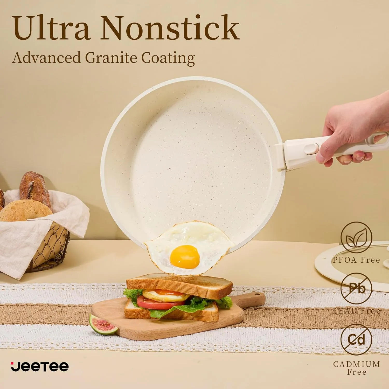 JEETEE Pots and Pans Set Non Stick 17pcs, Kitchen Cookware Sets with Detachable Handle, Induction Nonstick Cookware Set with Removable Handle, Stackable RV Cookware, Oven Safe, PFAS/PFOA Free, Beige