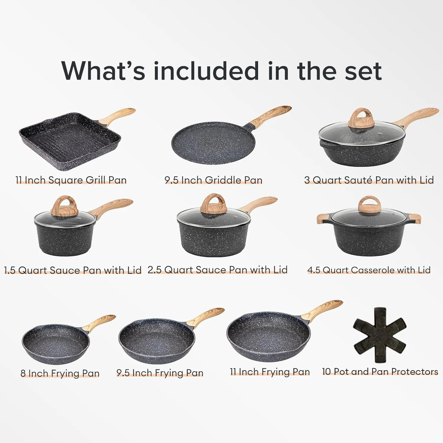 JEETEE Pots and Pans Set Nonstick 23pcs, Healthy Kitchen Cookware Sets, Induction Cooking Set W/Gray Granite Stone Frying Pans, Saucepans, Sauté Pan, Griddle Pan & Crepe Pan (PFOA Free)
