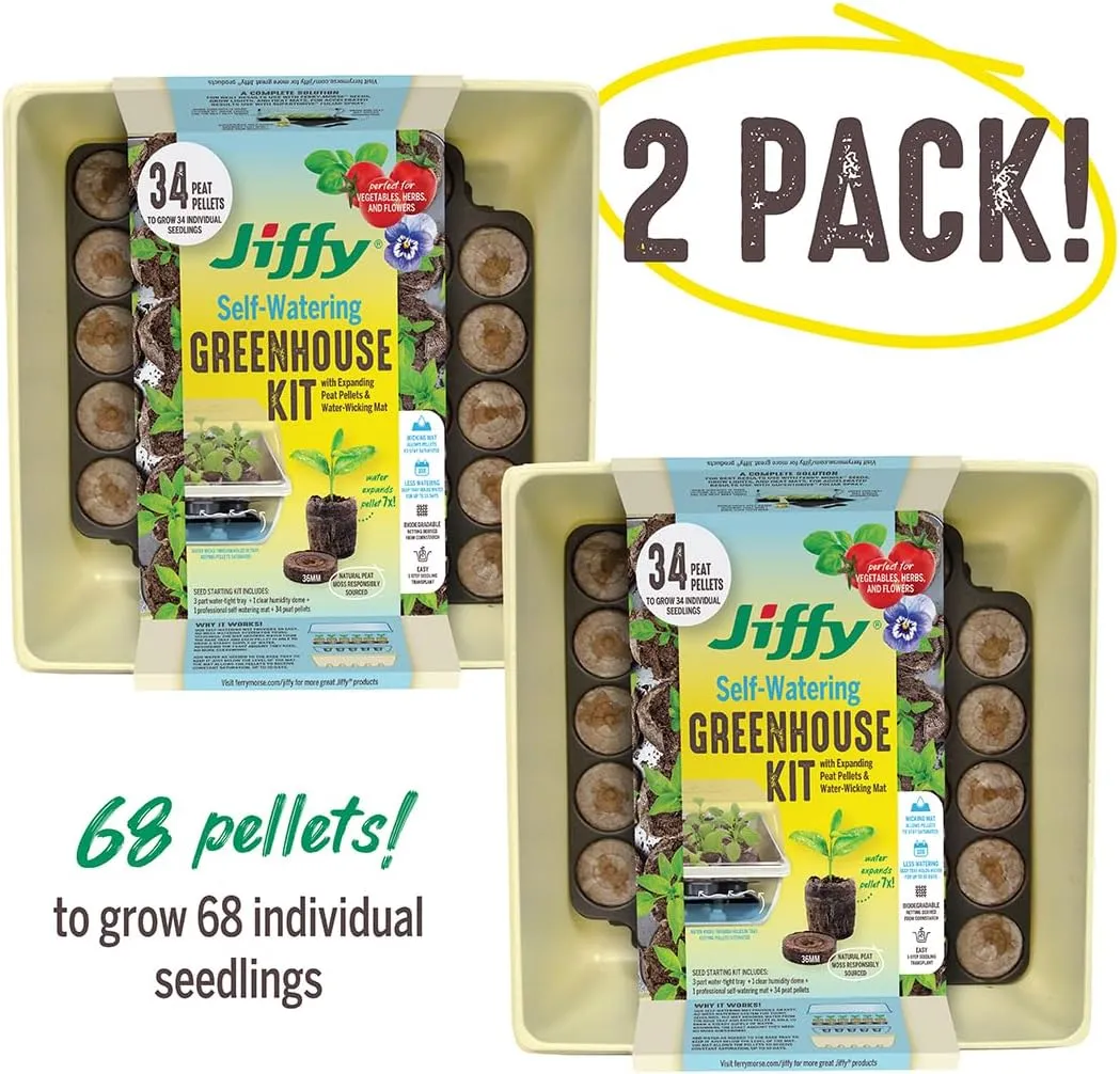 Jiffy Self-Watering Seed Starter Tray Kit, 34 Cell 36mm Expanding Peat Pellets with Water-Wicking Mat - 2 Pack, 68 Pellets Total