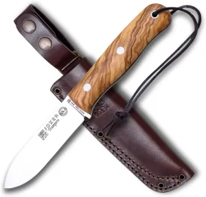 Joker Hunting Knife Trampero CO113, Olive Wood Handle, 3.94 inches blade of SANDVIK 14C28N, brown leather Sheath, Tool for fishing, Hunting, camping and hiking