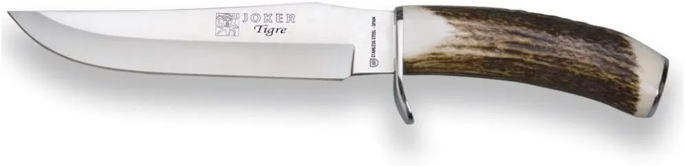 Joker Mountain Knife CC34 Tigre with Deer Horn Handle and MOVA 6.69 inches Blade, Weight 270 gr, Leather Sheath, Fishing Tool, Hunting, Camping and Hiking.