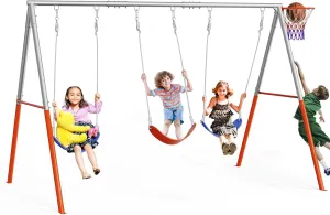 JOYMOR 3-Seats Swing Sets for Backyard with Basketball-Hoop, Kids Metal Swing Sets for Outdoor with 3 Height-Adjustable Seats, 6 Locking Threaded Hangers, Suitable for DIY, 3-12Yr (Orange&Blue)