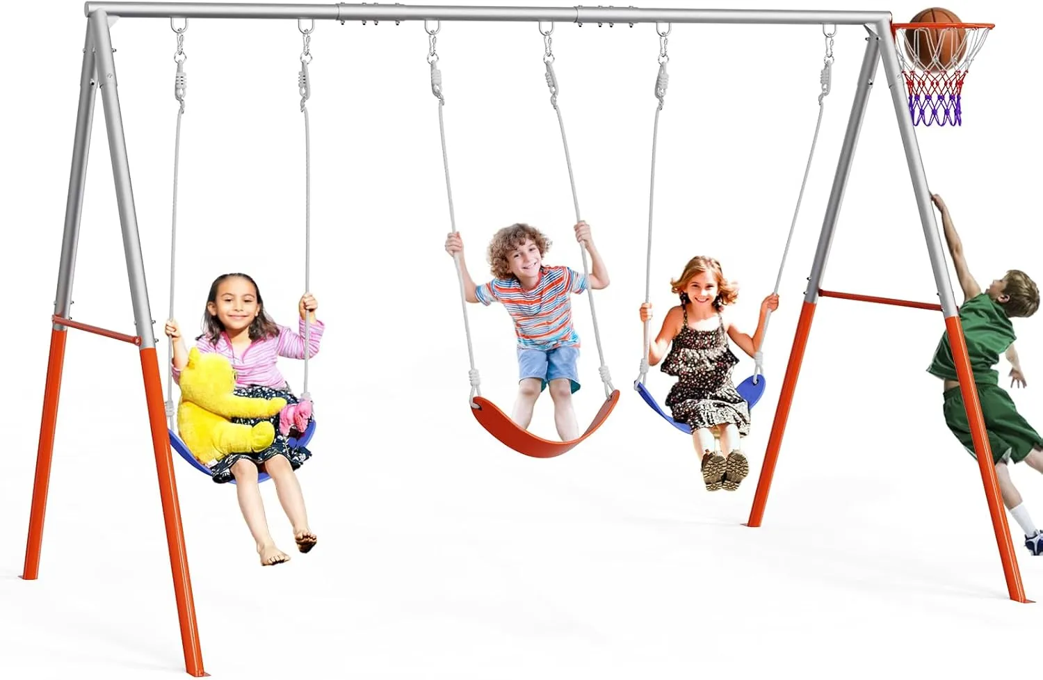 JOYMOR 3-Seats Swing Sets for Backyard with Basketball-Hoop, Kids Metal Swing Sets for Outdoor with 3 Height-Adjustable Seats, 6 Locking Threaded Hangers, Suitable for DIY, 3-12Yr (Orange&Blue)