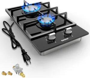 Karinear Gas Cooktop 2 Burner Propane Cooktop, 12 Inch LPG/NG Dual Fuel Gas Stove Top, Built-in Tempered Glass Gas Cooktop for Apartment, Indoor, RV