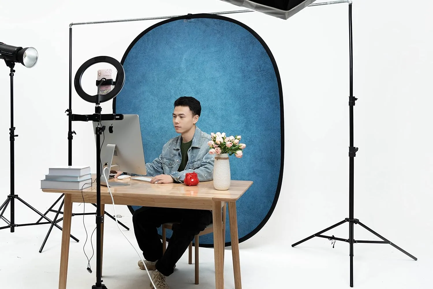 Kate Collapsible Backdrop Pop Up Photo Backdrops Gray Blue Folded Background for Portrait Photography, for Video, for Live Stream, 5x6.5ft