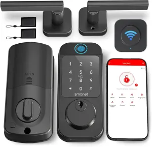Keyless Door Lock with Handle Set - SMONET WiFi Fingerprint Smart Locks for Front Door, App Remote Control, Digital Bluetooth Keypad Deadbolt Set with Alexa, Auto Lock, Code, Fobs for Home Black