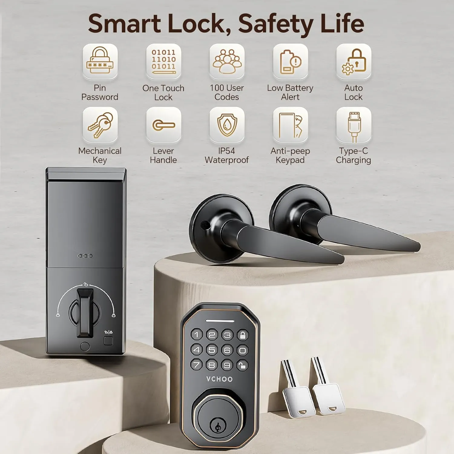 Keyless Entry Door Lock Deadbolt with Handle Set Smart Locks for Front Door with Lever Handle Auto Locking, Anti-Peeping Password, Easy Installation for Home Hotel Bedroom Door Oil Rubbed Bronze