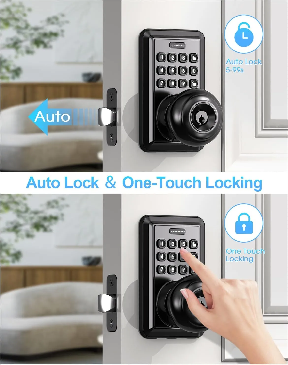 Keyless Entry Door Lock, Keypad Door Lock with Handle, Door Knob with Keypad, Keyless Door Knob, Door Knob with Code, Auto Lock, Easy to Install - Matte Black