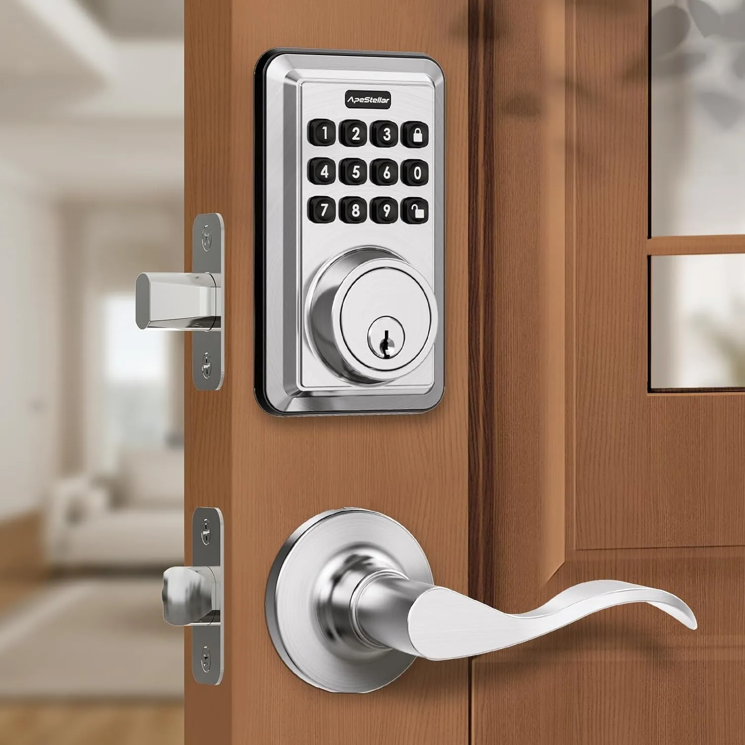 Keyless Entry Door Lock with 2 Lever Handles - Electronic Keypad Deadbolt - Front Door Lock Handle Sets - Auto Lock,Anti-Peeking Password, Easy Installation - Satin Nickel
