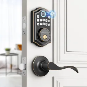 Keyless Entry Door Lock with Handle - 2 Lever Handles, Fingerprint Door Locks, Electronic Keypad Deadbolt, 2 Keys, Smart Doors Lock, Auto-Lock & One Touch Locking, Easy Installation