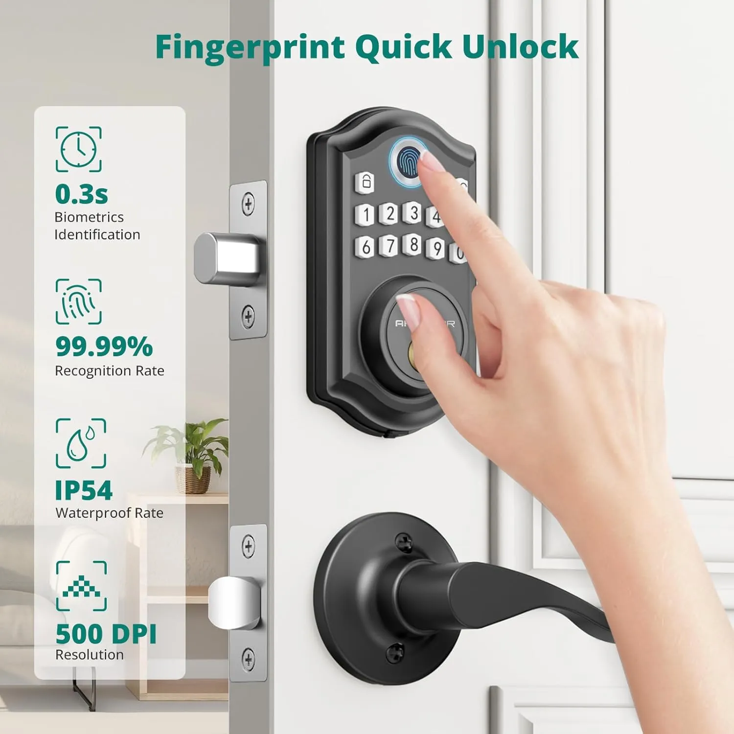 Keyless Entry Door Lock with Handle - 2 Lever Handles, Fingerprint Door Locks, Electronic Keypad Deadbolt, 2 Keys, Smart Doors Lock, Auto-Lock & One Touch Locking, Easy Installation