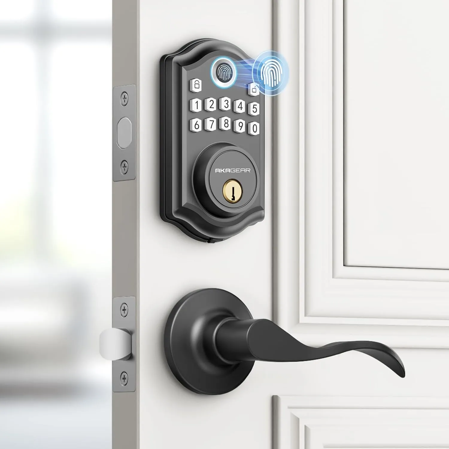 Keyless Entry Door Lock with Handle - 2 Lever Handles, Fingerprint Door Locks, Electronic Keypad Deadbolt, 2 Keys, Smart Doors Lock, Auto-Lock & One Touch Locking, Easy Installation