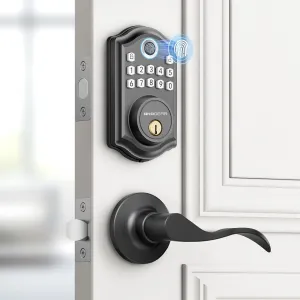 Keyless Entry Door Lock with Handle - 2 Lever Handles, Fingerprint Door Locks, Electronic Keypad Deadbolt, 2 Keys, Smart Doors Lock, Auto-Lock & One Touch Locking, Easy Installation