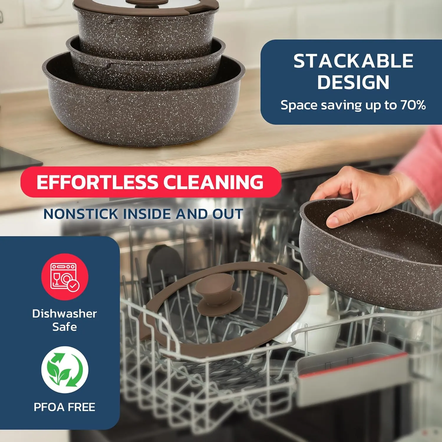Kitchen Cookware Set - Nonstick Granite Coating, Pots and Pans with Handles and Tempered Glass Lids, PFOA, PFOS, PTFE Free, Ceramic Max Temperature (Up To 500° F), Set of 15 - Dark Gray