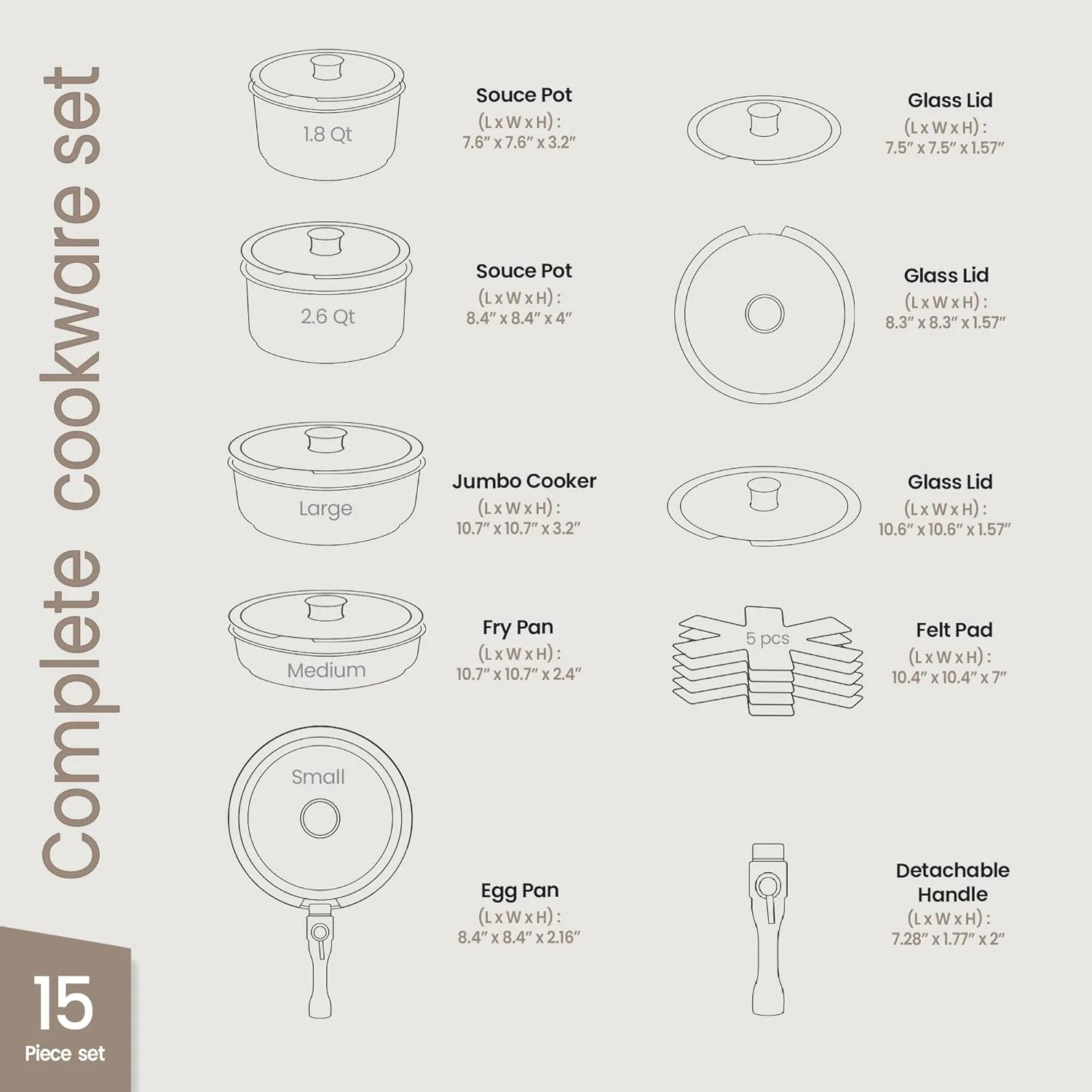 Kitchen Cookware Set - Nonstick Granite Coating, Pots and Pans with Handles and Tempered Glass Lids, PFOA, PFOS, PTFE Free, Ceramic Max Temperature (Up To 500° F), Set of 15 - Dark Gray