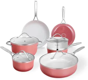 Kitchen Pots and Pans Set Non Stick, 11 Pieces Cookware Set Ceramic Nonstick Coated, Scratch-Resistant, PFAS Free, Oven Safe, Induction Ready & Evenly Heats, Enamel Cooking Set - Coral Red