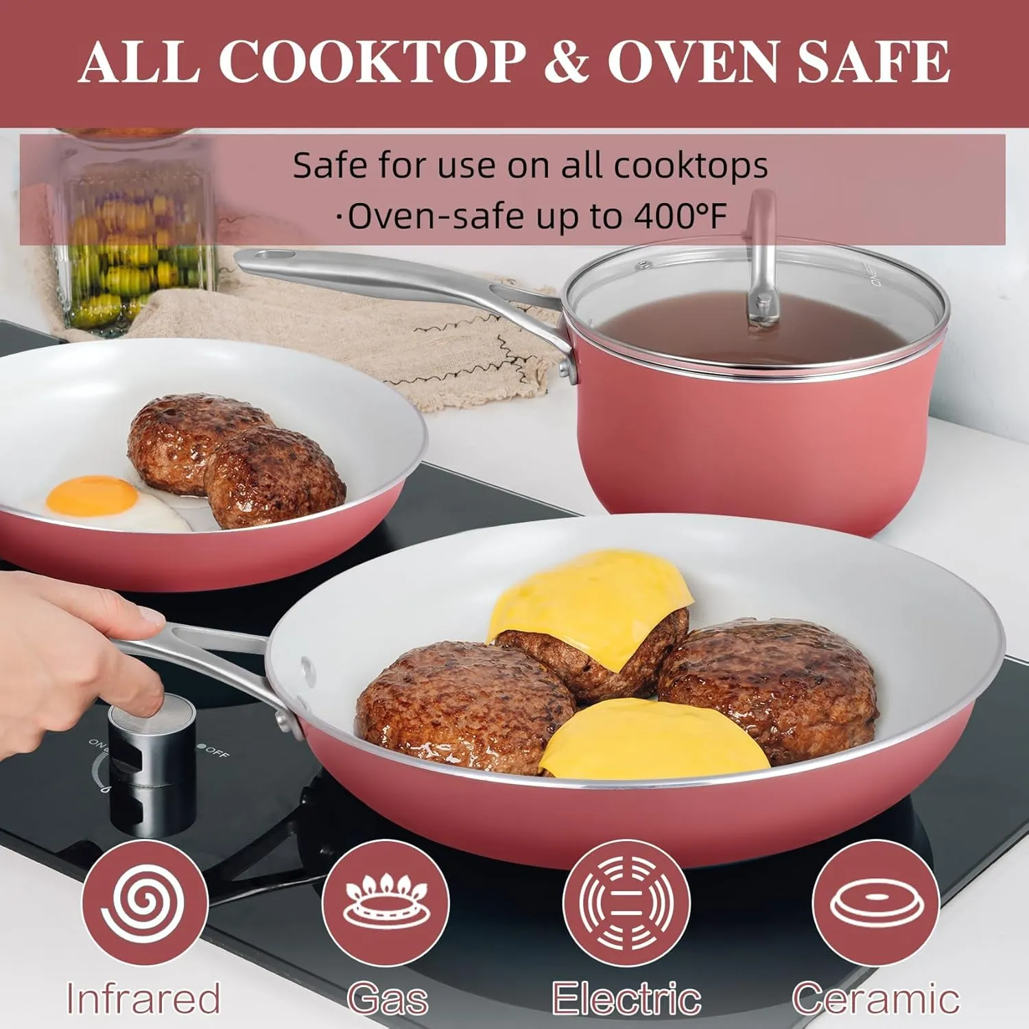 Kitchen Pots and Pans Set Non Stick, 11 Pieces Cookware Set Ceramic Nonstick Coated, Scratch-Resistant, PFAS Free, Oven Safe, Induction Ready & Evenly Heats, Enamel Cooking Set - Coral Red