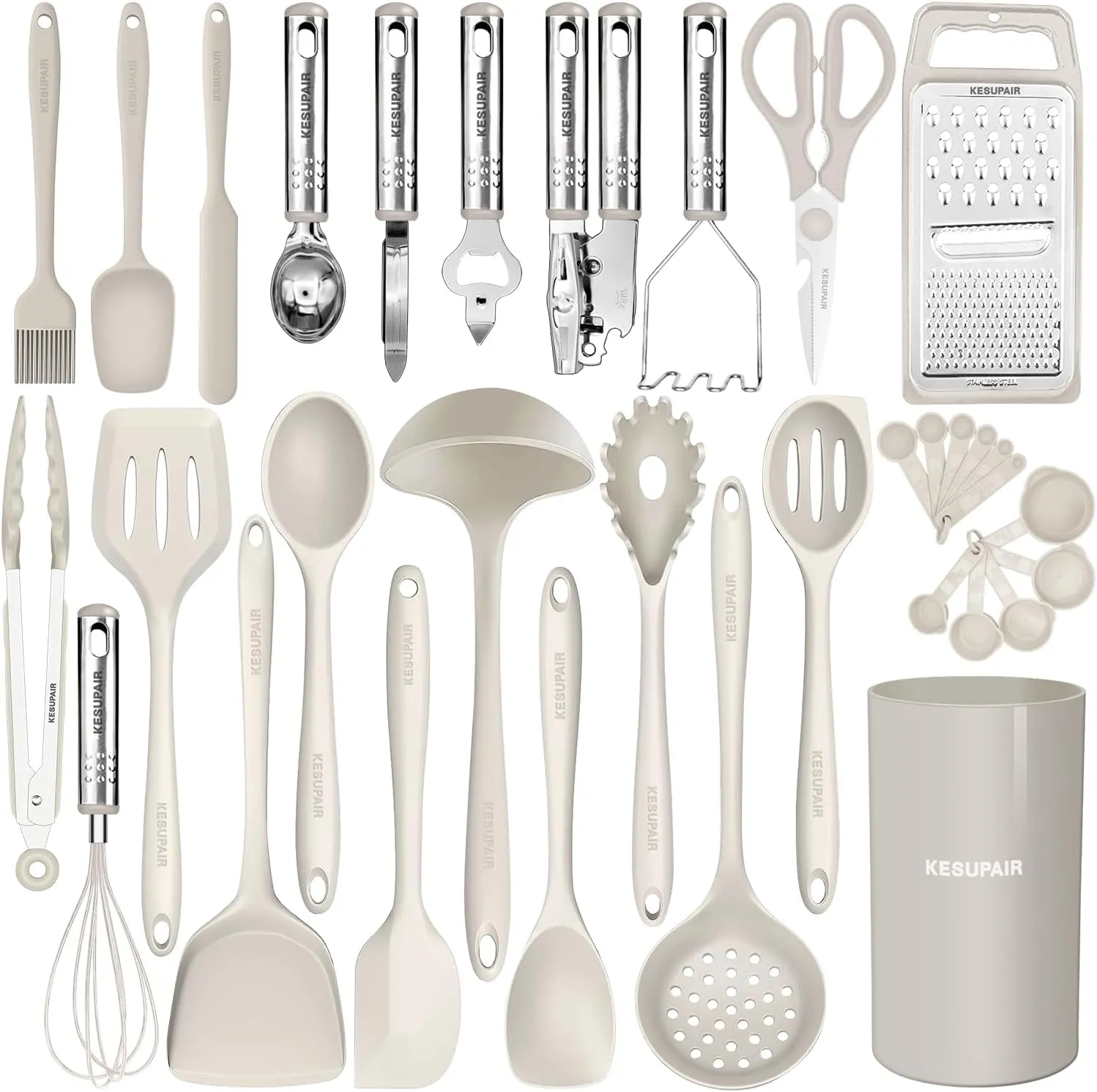Kitchen Utensils Set - 446°F Heat Resistant Silicone Cooking Utensils Set-Kitchen Tools and Gadgets for Cooking Nonstick Cookware with Tongs,Turner,Spatula,Spoon,Brush,Peeler,Grater,Scissors (Khaki)