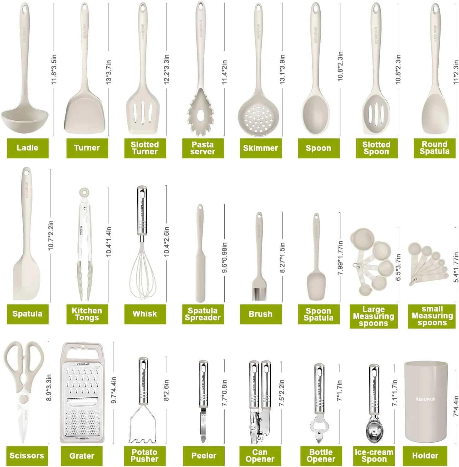 Kitchen Utensils Set - 446°F Heat Resistant Silicone Cooking Utensils Set-Kitchen Tools and Gadgets for Cooking Nonstick Cookware with Tongs,Turner,Spatula,Spoon,Brush,Peeler,Grater,Scissors (Khaki)