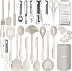 Kitchen Utensils Set - 446°F Heat Resistant Silicone Cooking Utensils Set-Kitchen Tools and Gadgets for Cooking Nonstick Cookware with Tongs,Turner,Spatula,Spoon,Brush,Peeler,Grater,Scissors (Khaki)