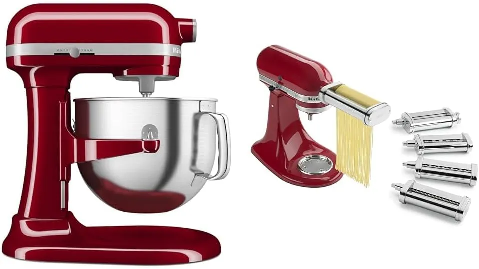 KitchenAid® 7 Quart Bowl-Lift Stand Mixer, Empire Red & KSMPDX Pasta Deluxe Set Stand Mixer Attachment, 5 Piece, Stainless Steel